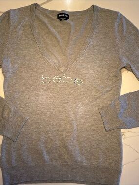 bebe Gray Scoop Neck Sweater with Crystal Logo